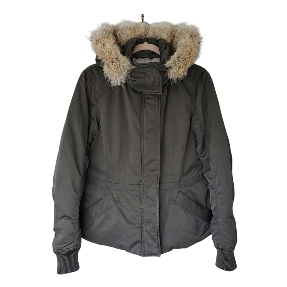 Theory Parka Puffer Jacket Olive Green Down Insulation Hood With Coyote Fur